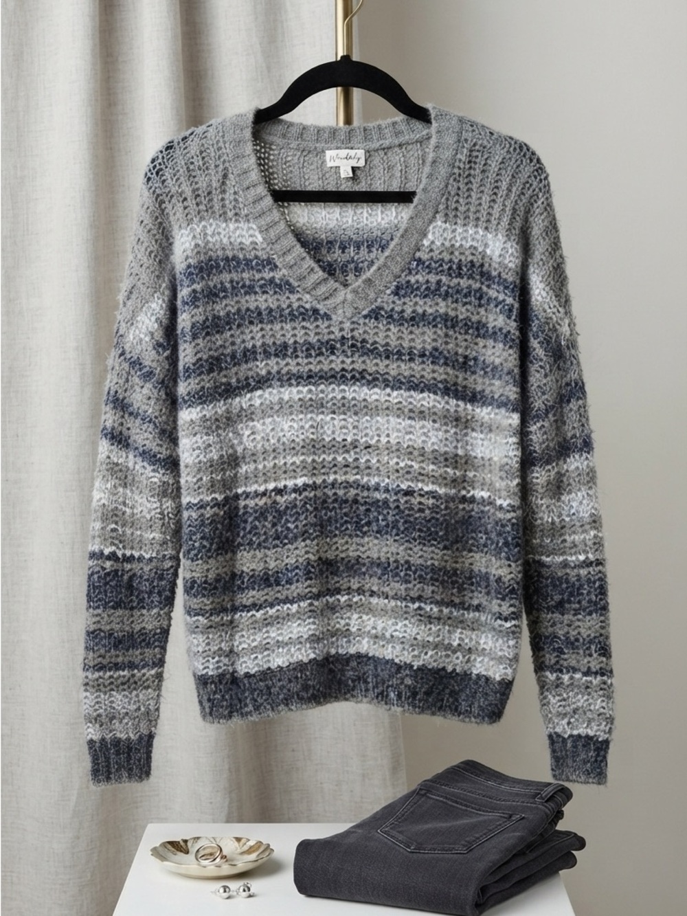 Wonderly Striped V-Neck Sweater in Gray and Blue